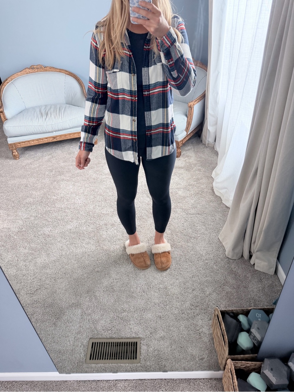 American Eagle Outfitters Navy, White & Red Plaid Button-Down Shirt